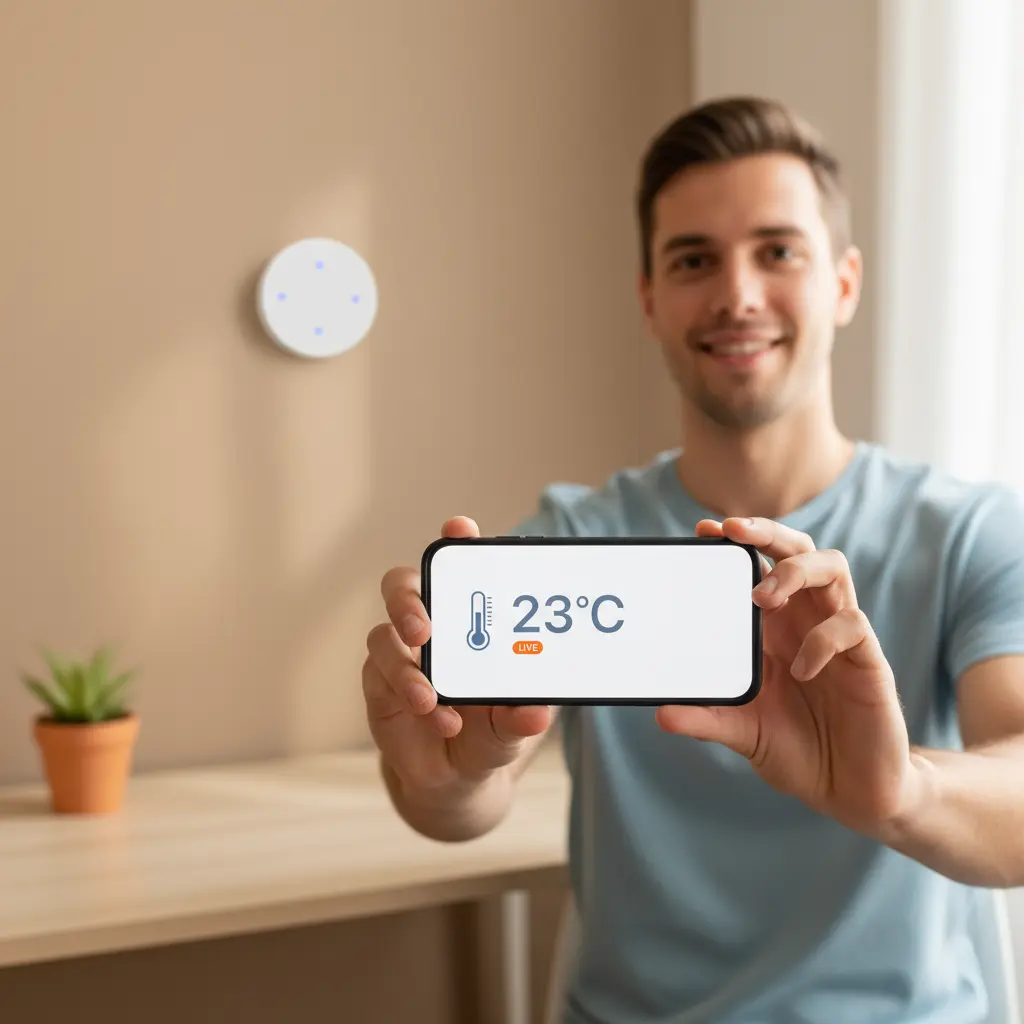 Photo of a smartphone displaying 23°C in a room, symbolizing how to check room temperature online using digital sensors.