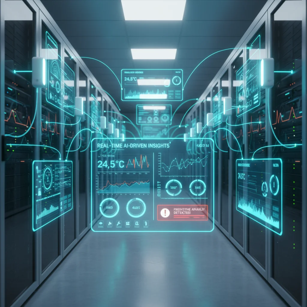 Futuristic data center scene with AI-driven holographic temperature monitoring and predictive analytics displayed above server racks.