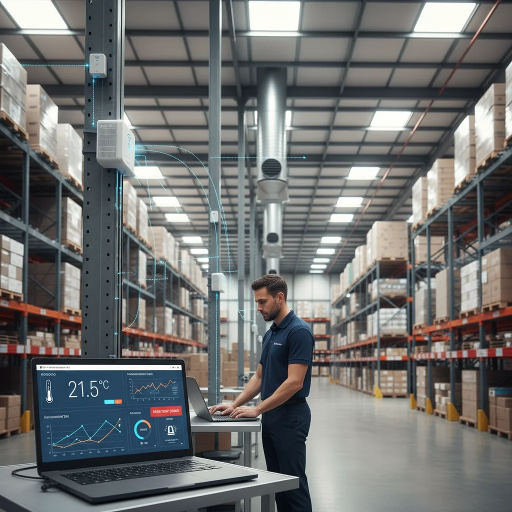 Wireless temperature sensors sending real-time data to a laptop temperature monitoring dashboard with charts and alerts.
