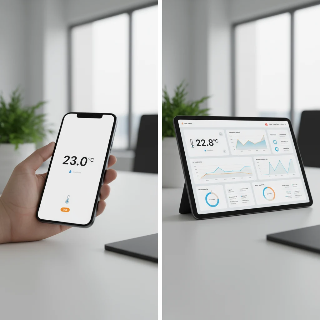 Comparison of smartphone app to check temperature online versus full monitoring system with graphs and alerts.