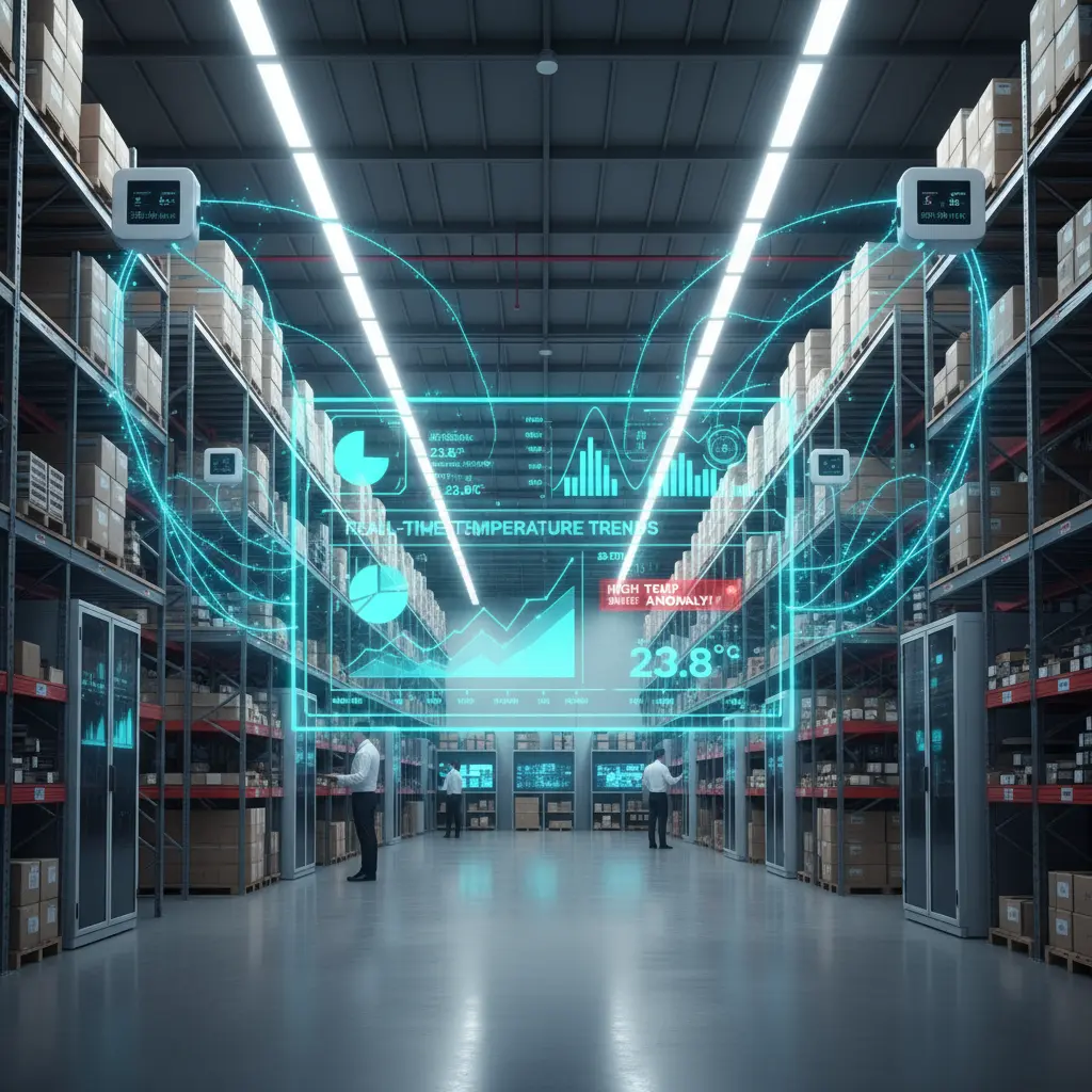Futuristic AI-driven temperature monitoring system projecting holographic graphs and connected IoT sensors across a warehouse.