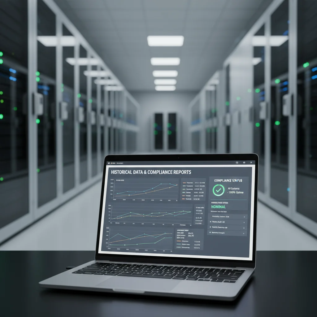 Laptop showing historical temperature monitoring graphs and compliance-ready reports in a server facility.