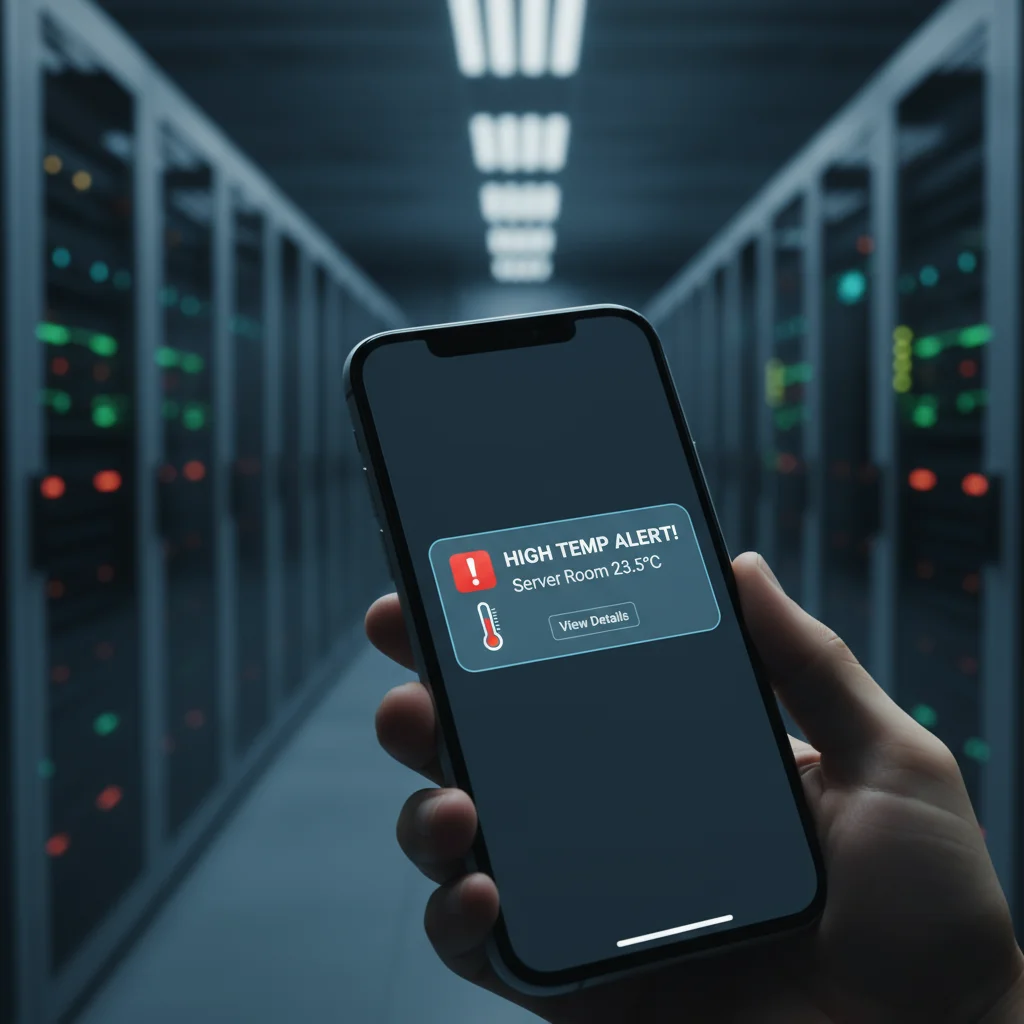 Smartphone displaying an alert from a temperature monitoring system with a server room in the backdrop.