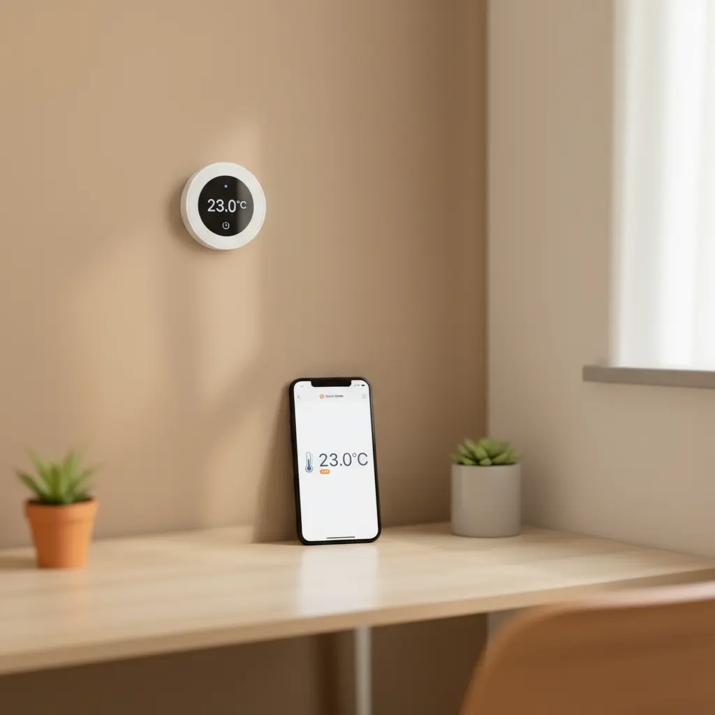 Smart thermometer on wall with smartphone app displaying 23°C, showing how to check temperature online.