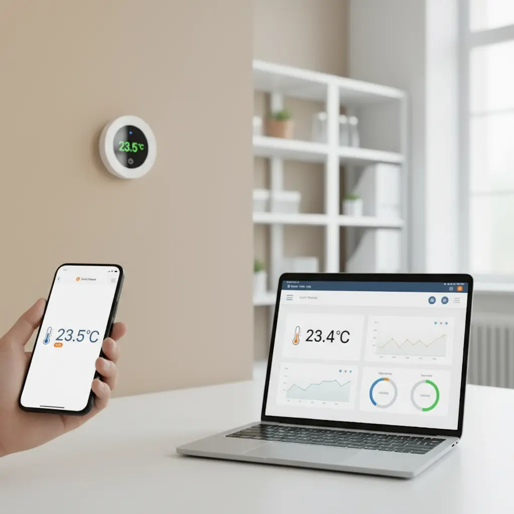 Smartphone, wall-mounted sensor, and laptop dashboard showing different online temperature measurement tools.