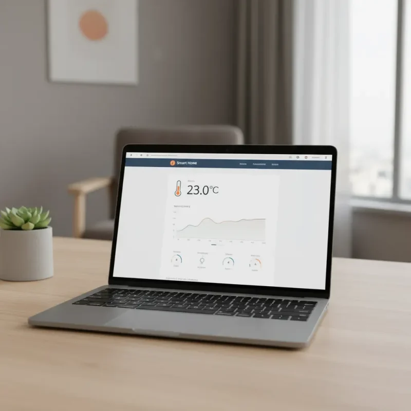Laptop on desk displaying a website to check temperature online with digital thermometer graphics.