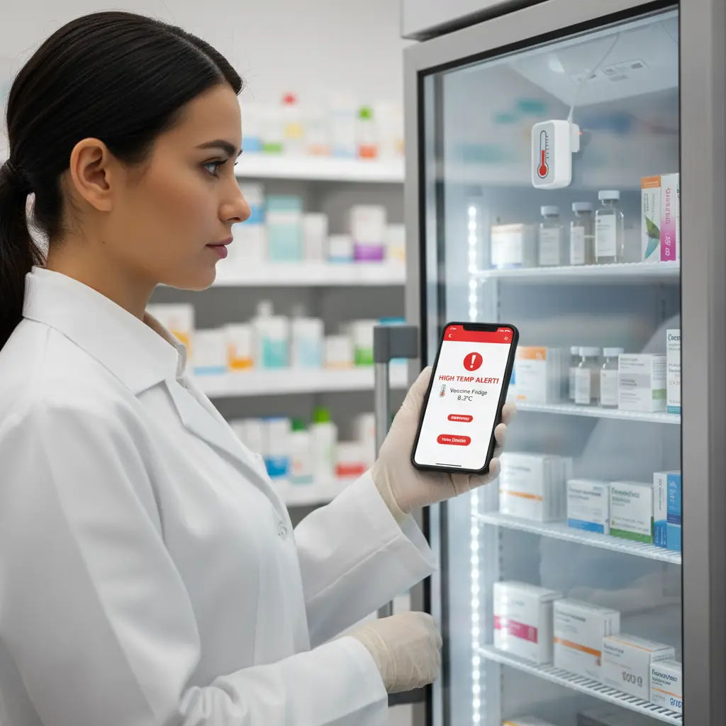Pharmacist checking a smartphone displaying temperature alerts for a vaccine fridge.