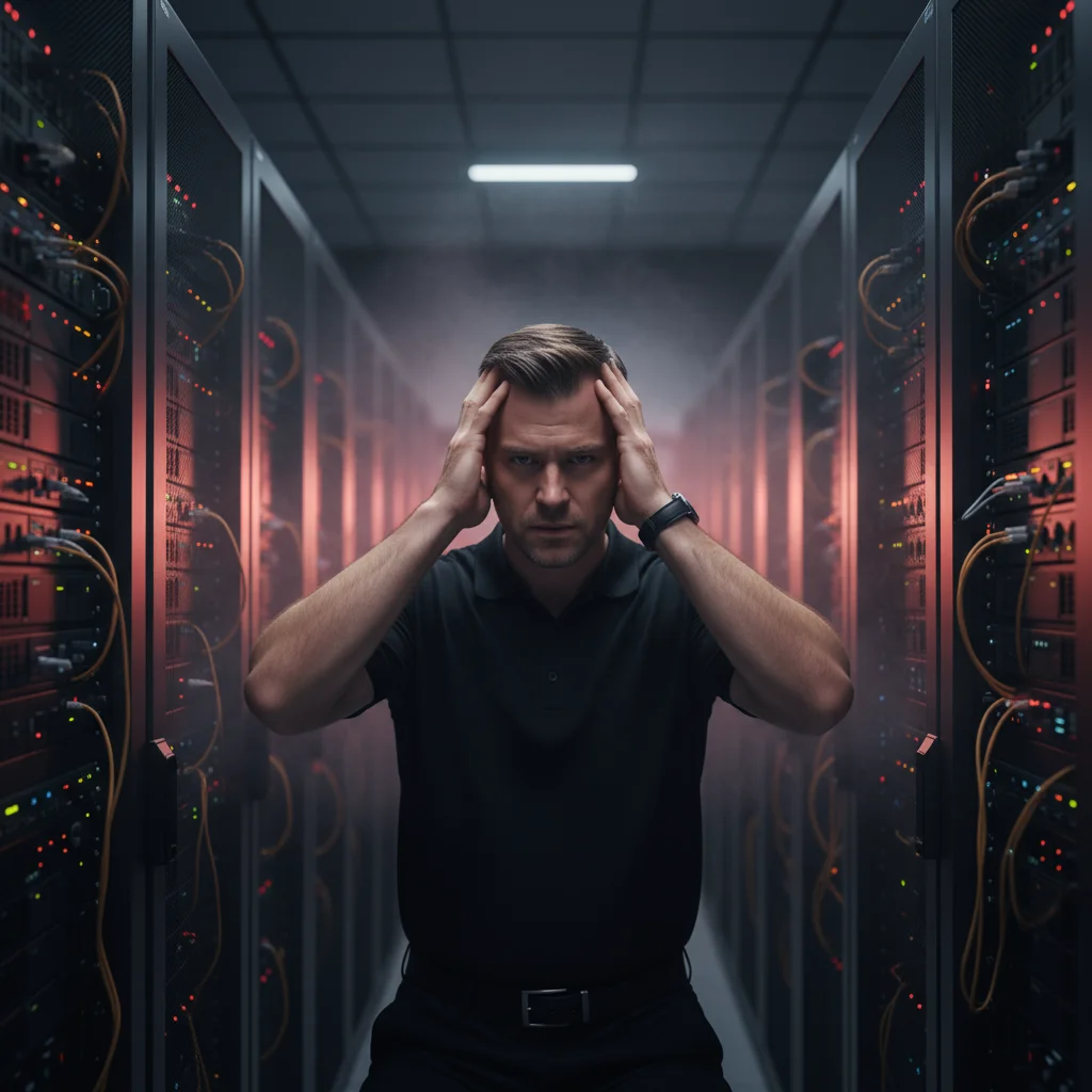 IT professional in data center facing warning lights on servers indicating risk of overheating due to poor monitoring.