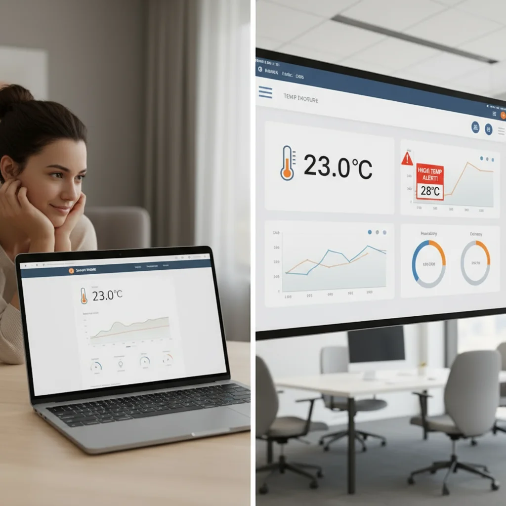 Comparison between a simple online temperature check on a laptop and a professional monitoring system dashboard.