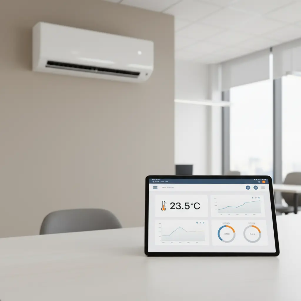 Office HVAC system connected to digital tablet for checking room temperature online with real-time monitoring.