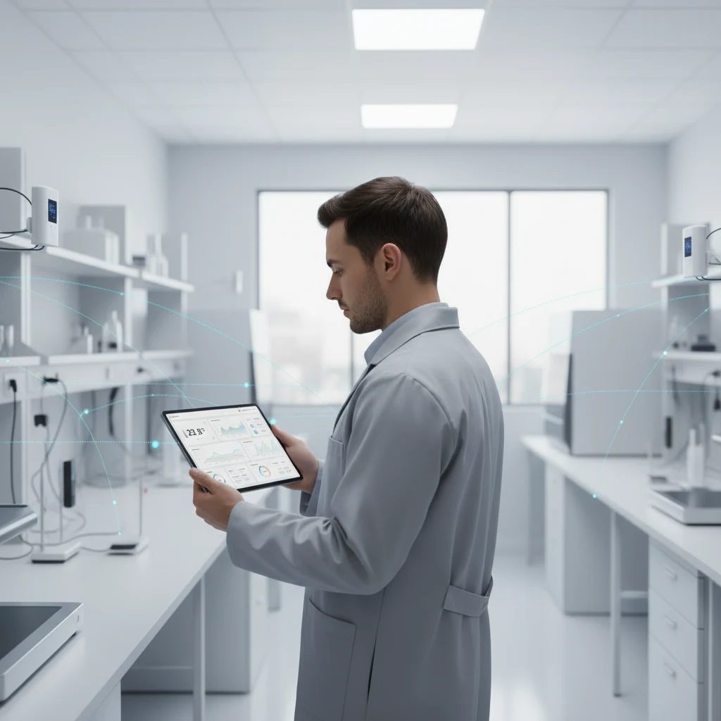 Technician using a tablet with connected temperature sensors in a professional lab environment.