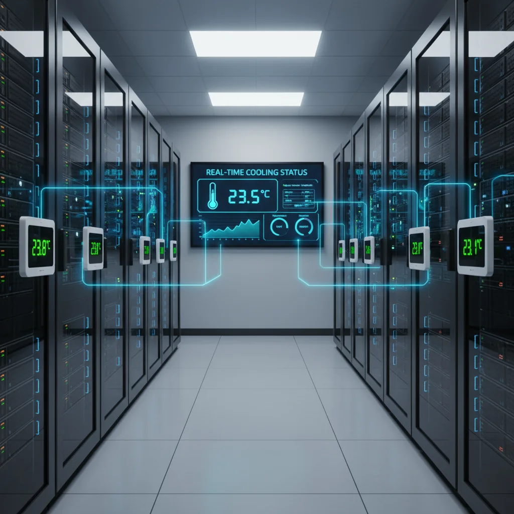 Server room with mounted temperature sensors and a digital system dashboard monitoring climate in real time.