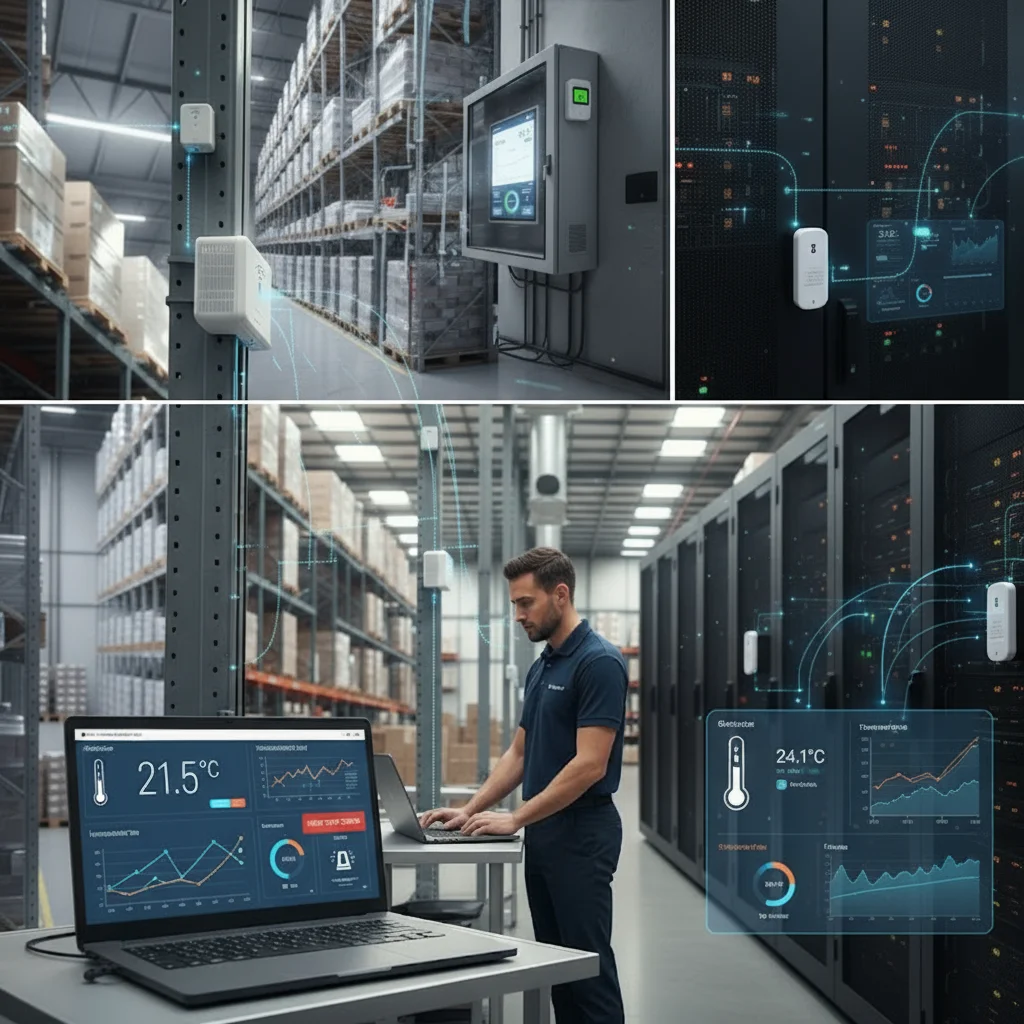 Different temperature monitoring system applications in healthcare, warehouses, and server rooms shown side-by-side.