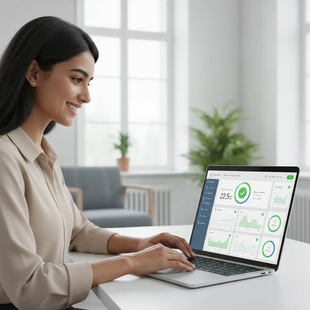 Business professional viewing a stable temperature monitoring system dashboard with positive status indicators.