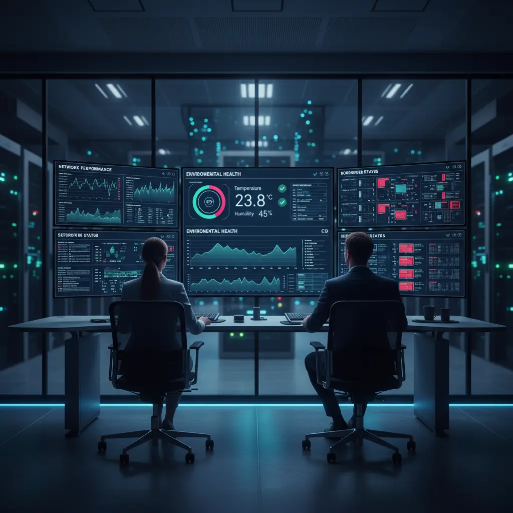 IT team analyzing data center monitoring dashboards for performance and uptime