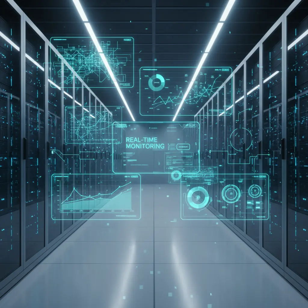 Feature image representing data center monitoring with server racks, real-time dashboards, and performance graphs highlighting optimization of critical infrastructure