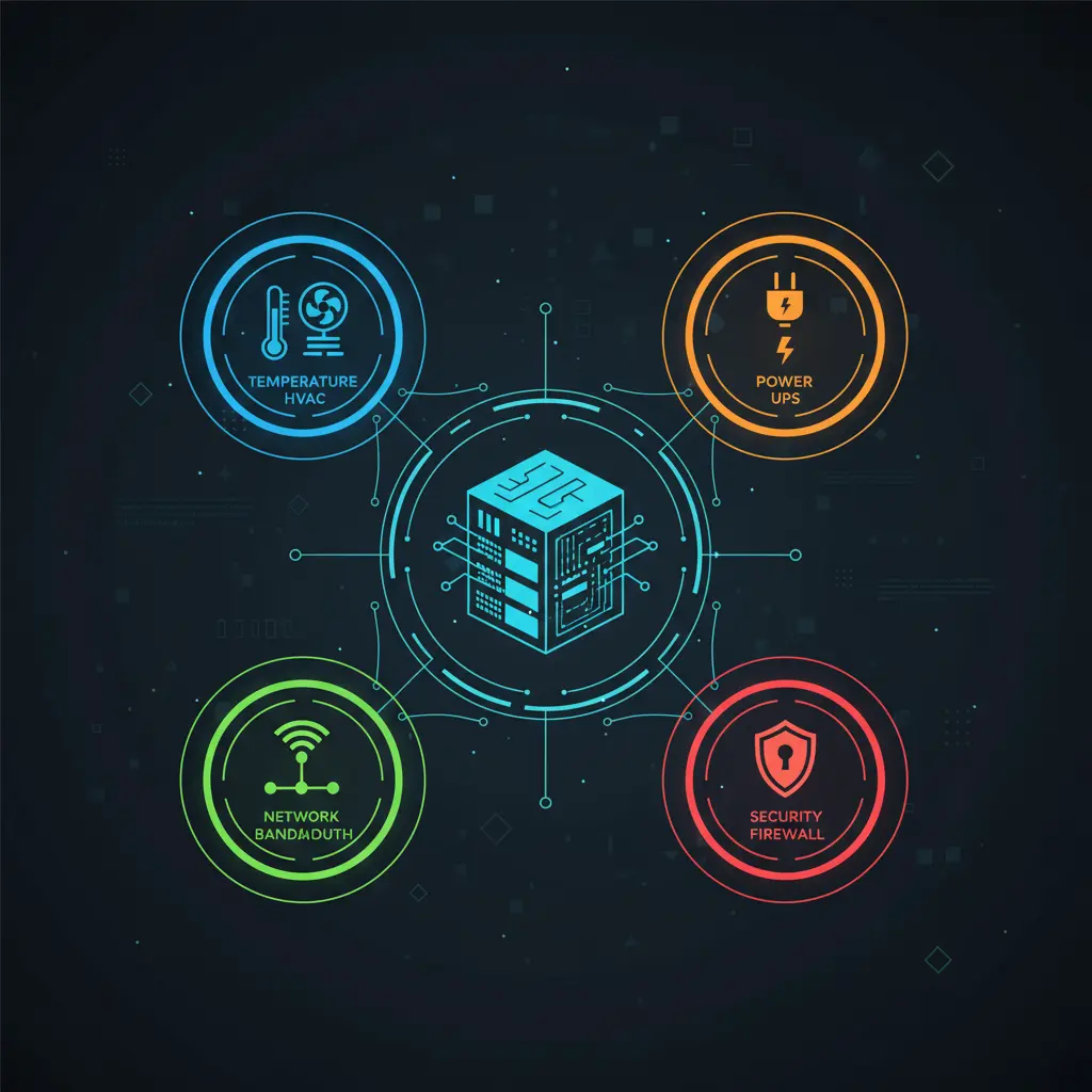 Infographic illustrating integrated data center monitoring across temperature, power, network, and security