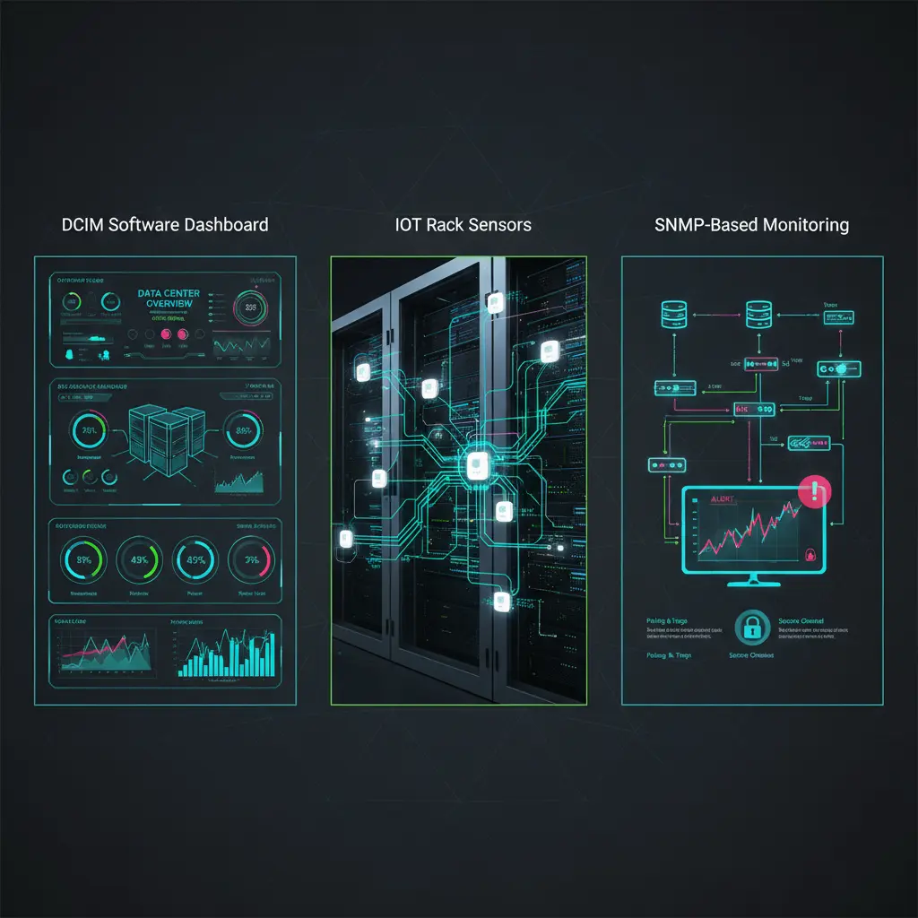 Various types of data center monitoring systems including DCIM software, IoT sensors, and SNMP monitoring tools