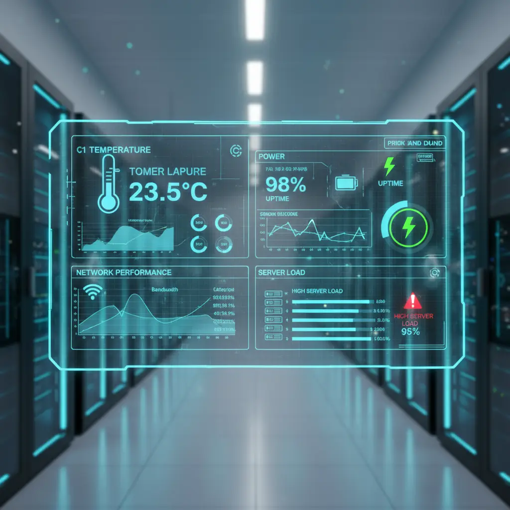 Dashboard of a modern data center monitoring system displaying temperature, power, and network metrics in real time