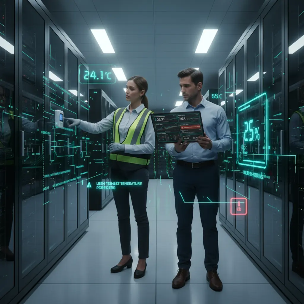 IT engineers checking dashboards and environmental sensors to ensure proper monitoring practices