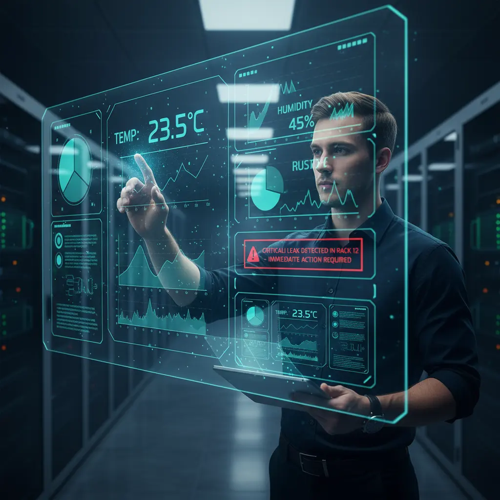 Technician using data center environmental monitoring system interface displaying temperature and humidity graphs