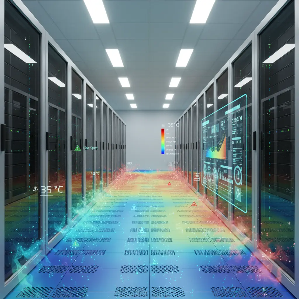 Heatmap showing airflow and temperature hot spots in a monitored data center
