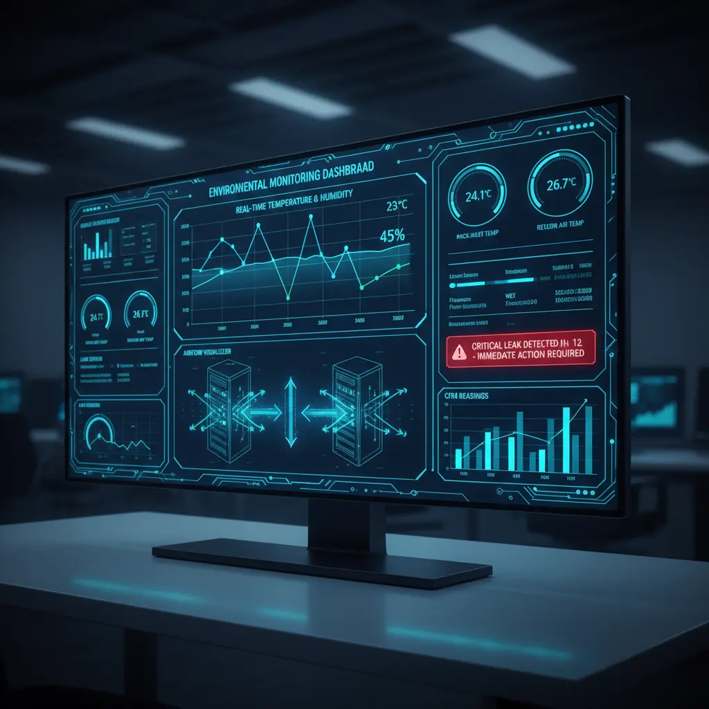 Dashboard of a data center environmental monitoring systems displaying temperature, humidity, and airflow metrics in real time