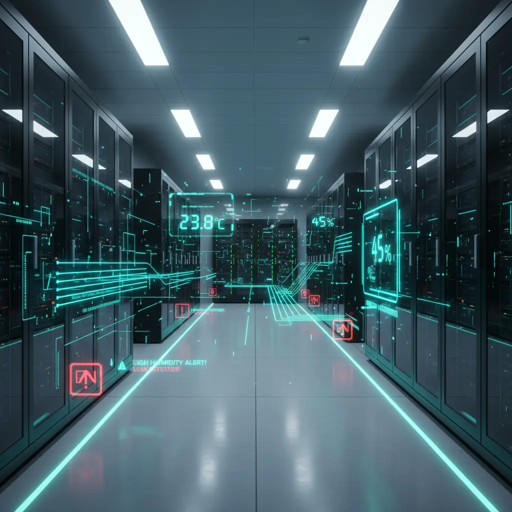 Feature image of data center environmental monitoring showing temperature, humidity, and airflow metrics across server racks