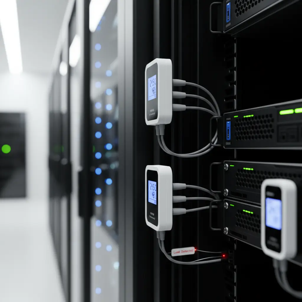 Environmental monitoring sensors including temperature and humidity probes in a data center rack