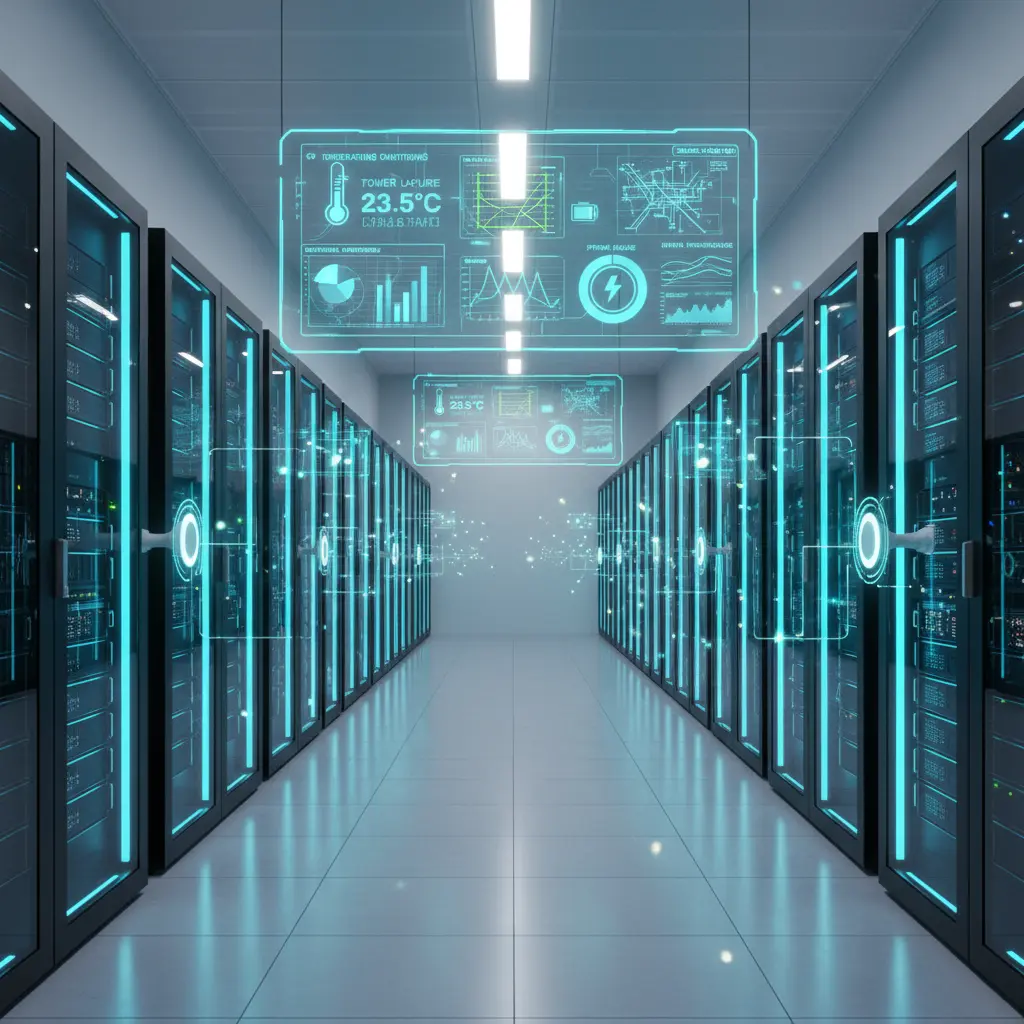 Feature image of a modern data center monitoring system with dashboards tracking power, temperature, and network performance across server racks