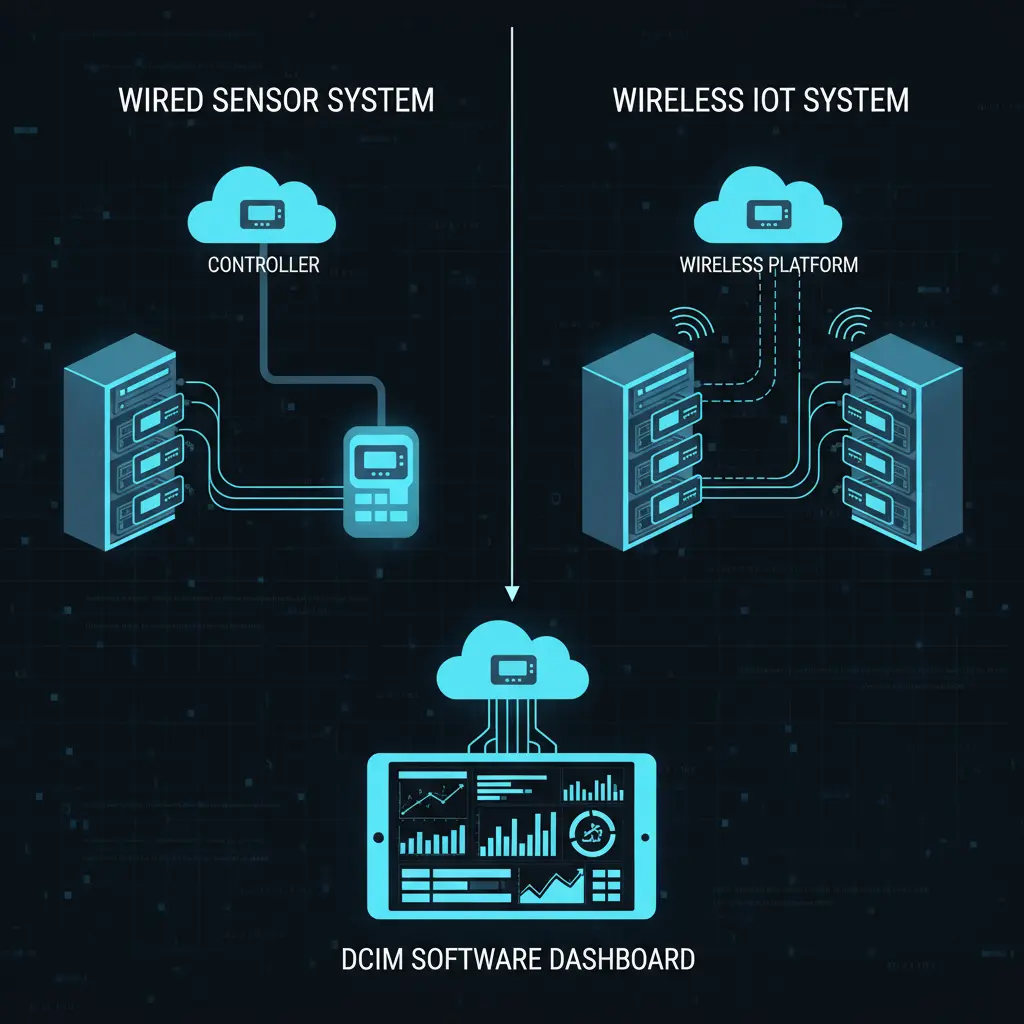 Diagram comparing wired and wireless data center environmental monitoring systems with connections to cloud dashboards