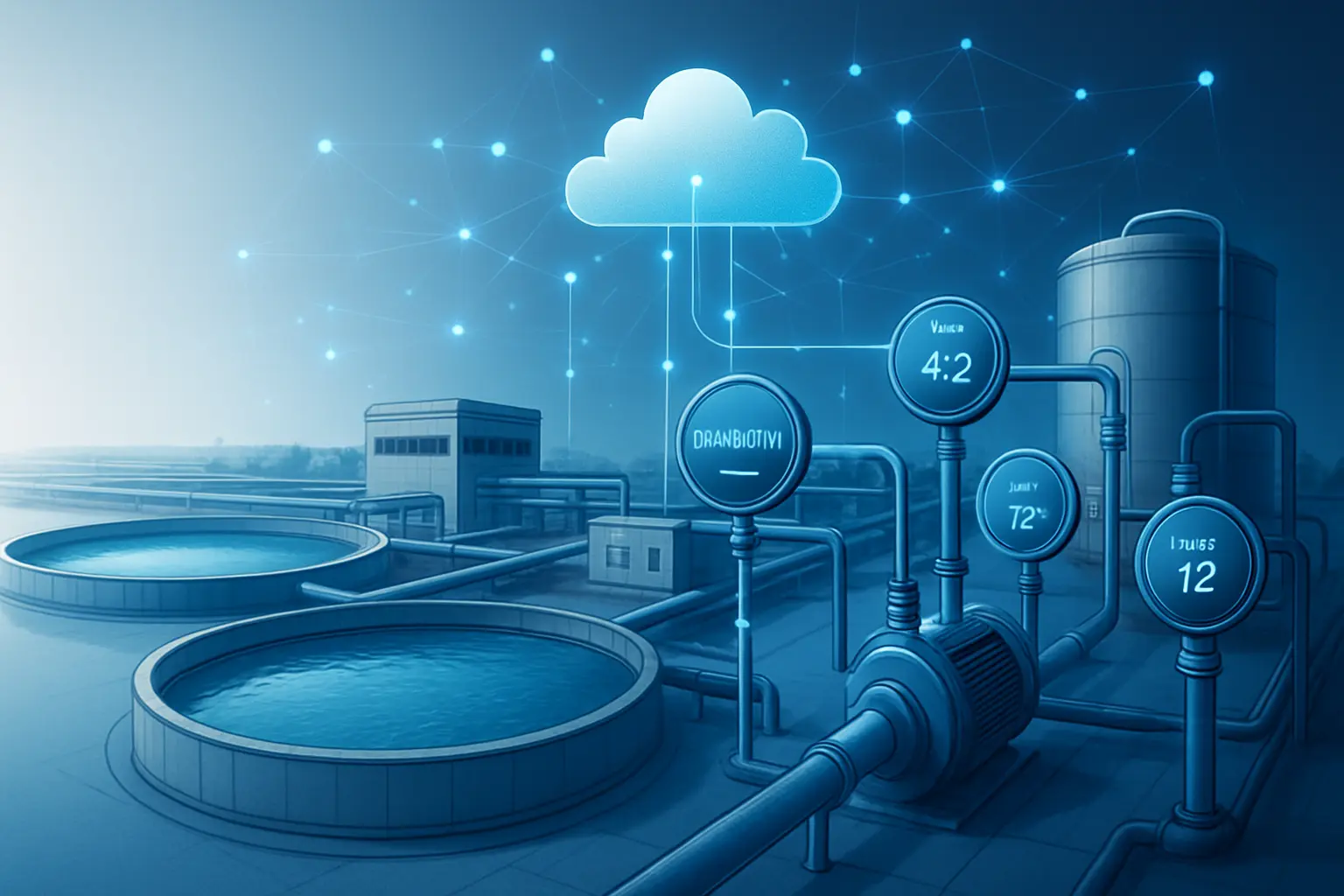 Smart Water Management System with IoT sensors monitoring water quality, flow, pressure, tank levels, and cloud analytics