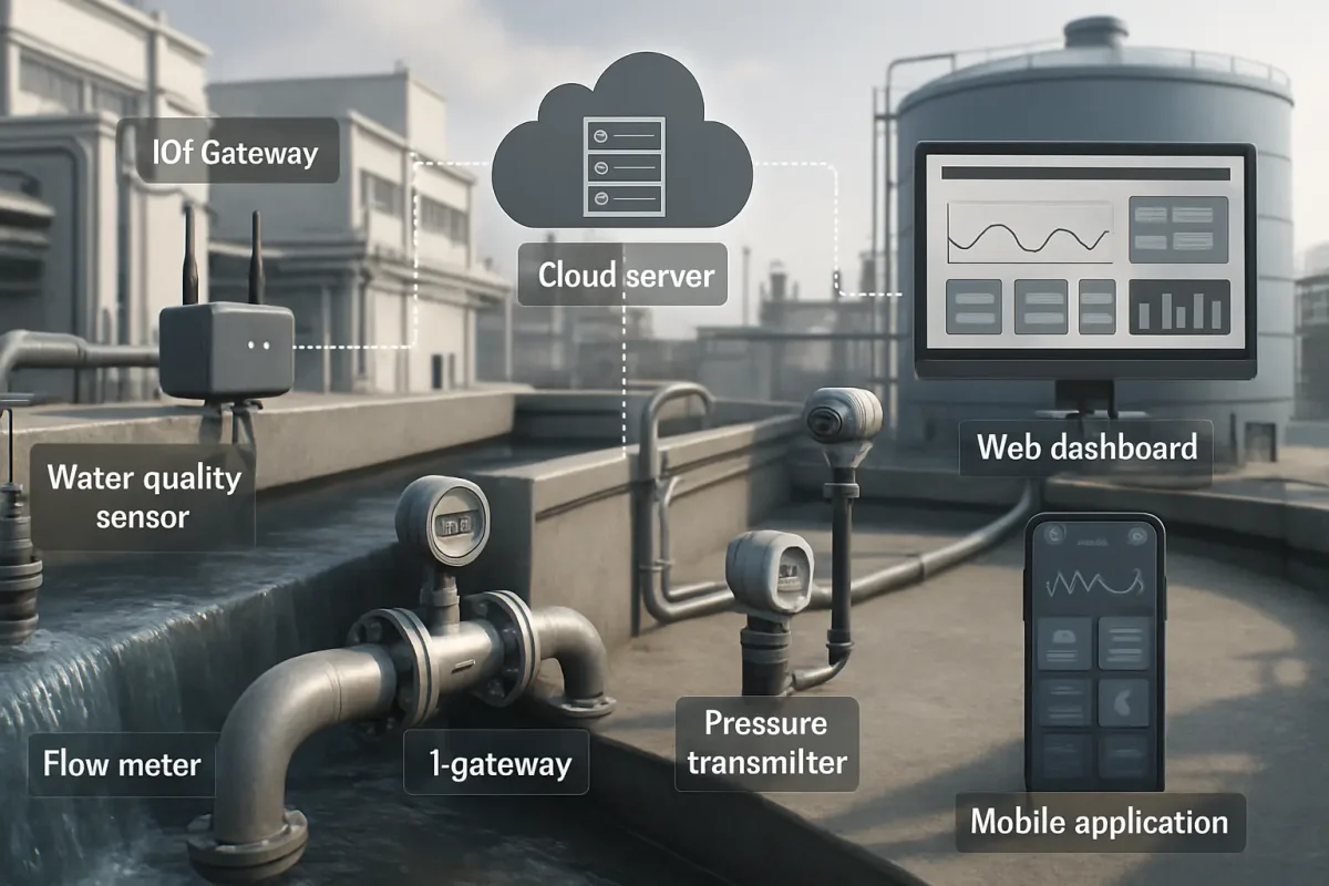 iot water management architecture IoT smart water management system architecture showing sensors, gateway, cloud platform and dashboard
