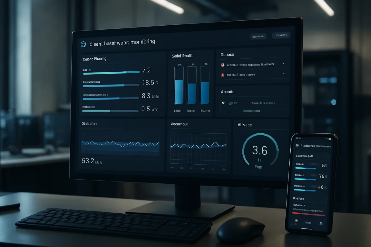 remote water monitoring dashboard Remote monitoring dashboard displaying real-time water quality and distribution network data