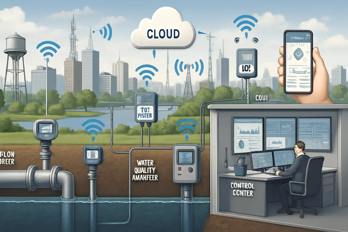 Smart city water management architecture showing sensors, IoT gateways, cloud dashboards and analytics