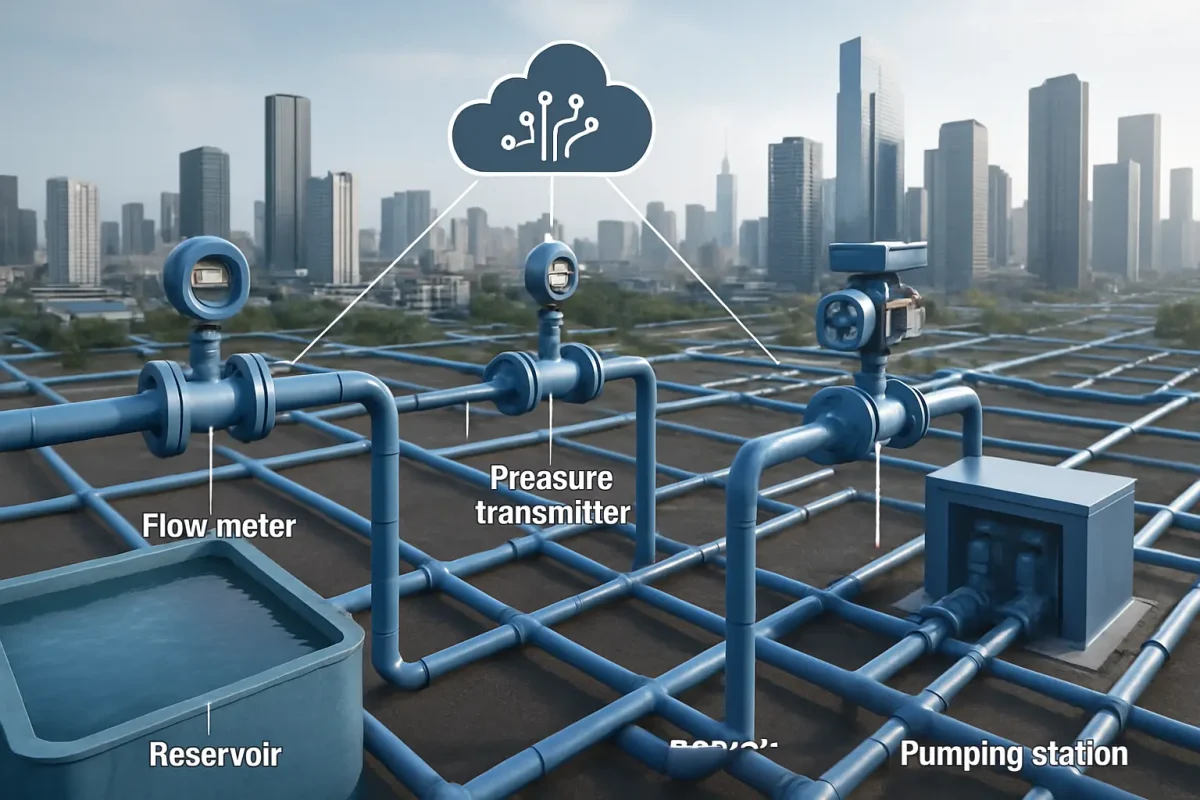 Smart city water distribution network monitored through IoT sensors and cloud analytics